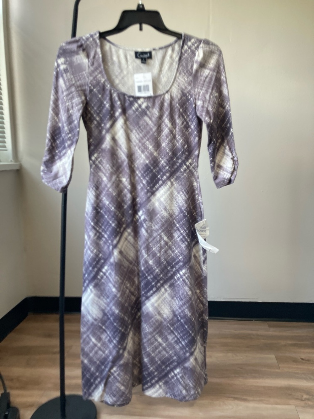 Connected dress dusty lavender plaid print dress casual office size 4 - Picture 1 of 17